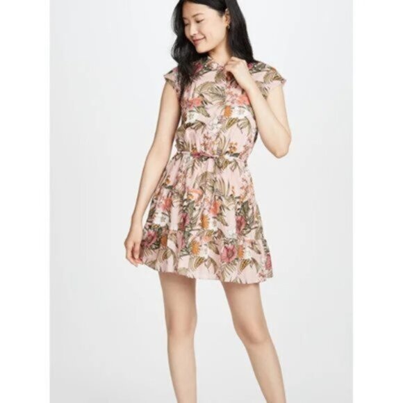 Rebecca Minkoff Ollie Dress Peach Botanical Tropical Print size L Floral Boho - Picture 2 of 16